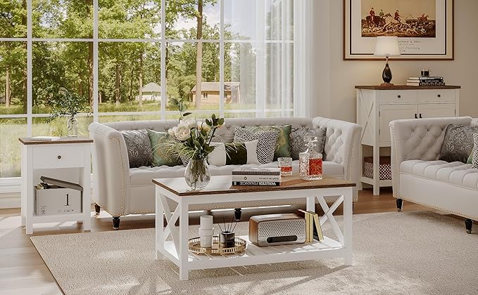 ChooChoo Farmhouse Nightstand with Charging Station, Wooden Top Bedside End Table with Drawer and Storage Space for Bedroom, White