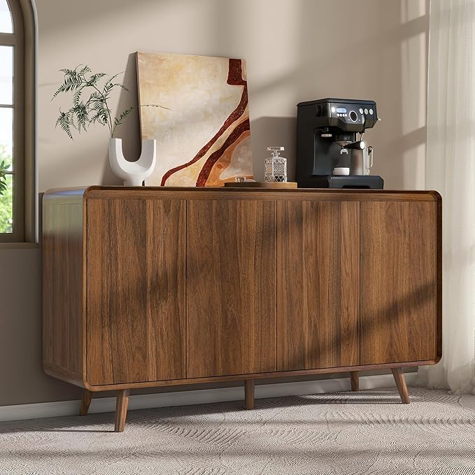 Mid Century Modern Buffet Cabinet with Storage, 55 Inch Sideboard Credenza with Doors & Shelves Console Coffee Bar Table for Living Room, Kitchen, Dining Room and Hallway, Walnut