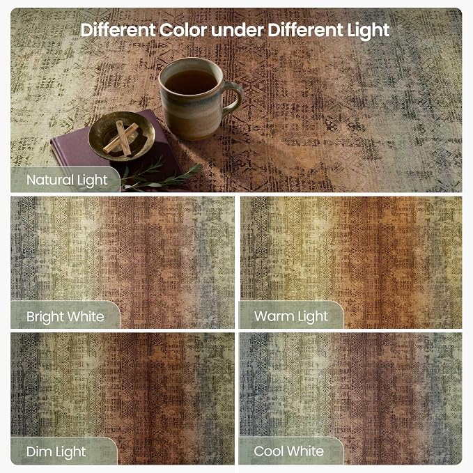 Kokia Abstract Area Rugs Washable Indoor 6x9 Rug Boho Distressed Retro Low Pile Non-Slip Non-Shedding Carpet Bedroom Living Room Dining Room, Warm Brown and Dark Sage Green