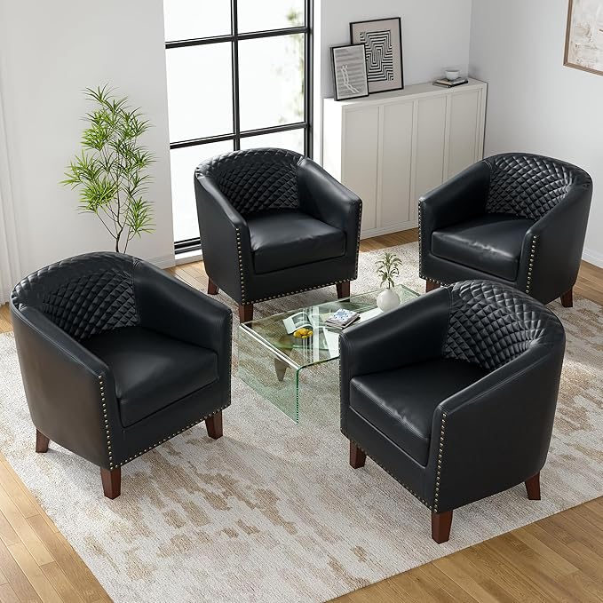 UIXE Faux Leather Barrel Accent Chairs Set of 4, Modern Club Upholstered Arm Chair, Comfy Armchair Nailed Trim Living Room Single Sofa Reading Seat Bedroom Side Sitting for Office, Black