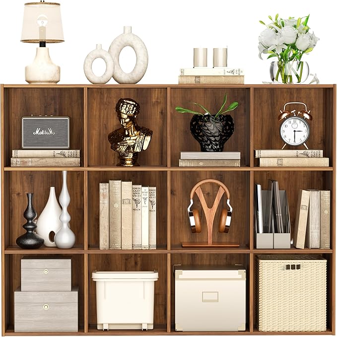 VDNEND Wooden Storage Organizer with Closed Back Panel, 11in Cube Shelf Opening, Bookshelf, Display Shelf,Closet Cabinet for Home and Office (Brown, 12-Cube 35.98L*9.45W*47.72H)