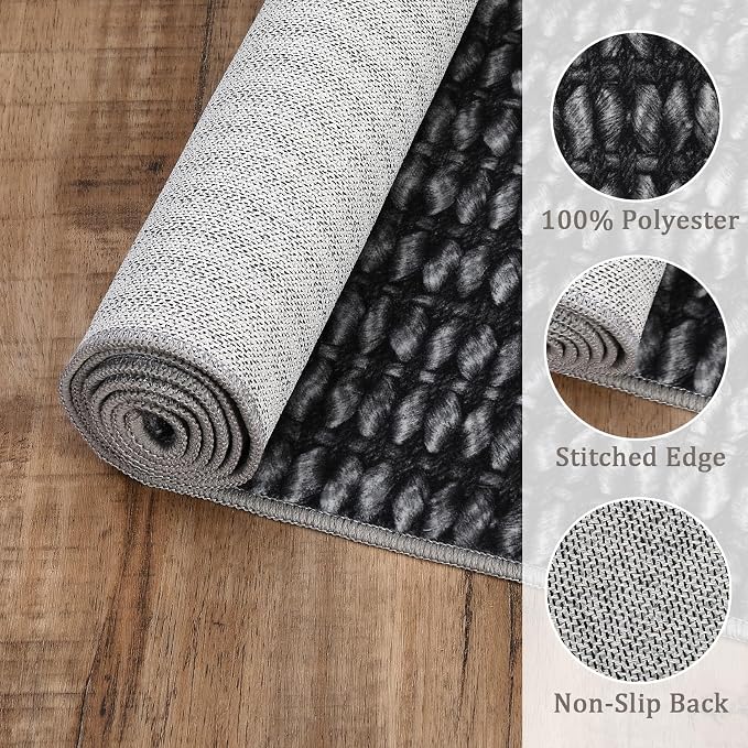 Washable 10x13 Modern Braided Print Area Rug for Living Room Low Pile Soft Bedroom Rugs Non Slip Modern Large Carpet Thin Foldable Boho Vintage Indoor Carpet for Playroom Open Living Room,Black
