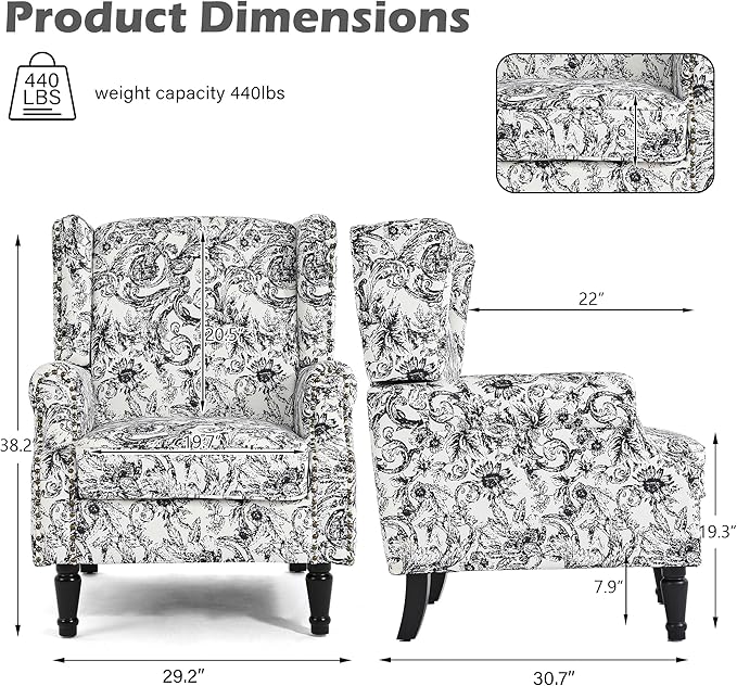 High Back Accent Chairs Set of 2, Fabric Upholstered Armchair Floral Wingback Chair for Living Room, Comfy Single Sofa Solid Wood Legs Bedroom Reading Seat - Rococo Black