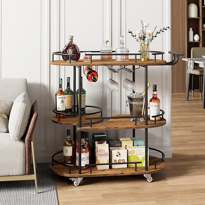 GarveeHome 3-Tier Bar Cart on Wheels, Mobile Serving Cart with Wine Rack and Glass Holder, Metal Kitchen Utility Cart for Coffee Station, Mini Home Bar, Dining Room - Black+Retro Brown