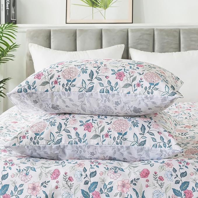 HoneiLife King Size Duvet Cover - Cotton Comforter Cover, Soft & Breathable Floral Bedding Duvet Cover Sets with Zipper Closure & Corner Ties, 3-PC Wildflower Comforter Cover Sets, Carnation