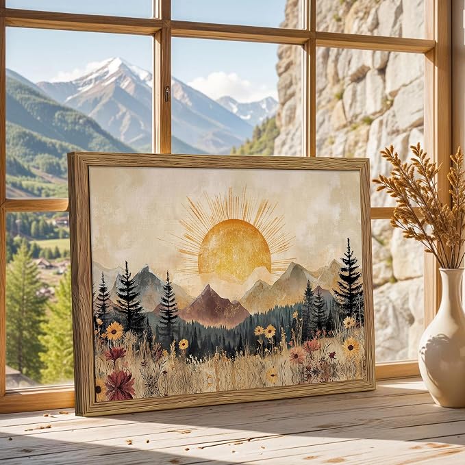 Framed Vintage Sunrise Mountain Landscape Wall Art, Golden Sunburst Meadow Forest Canvas Print, Retro Wildflower Nature Artwork, Rustic Boho Wall Decor for Living Room Bedroom Office 16x24in