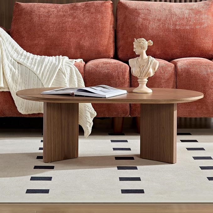 SSLine Mid-Century 39.37" Oval Coffee Table with Pedestal Base Walnut Wood Grain Top Cocktail Center Table for Living Room Bedroom