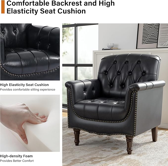 Faux Leather Club Chairs Set of 2, Retro Upholstered Armchair Accent Chair with Solid Wood Legs & Nailhead Trim for Living Room/Reading Room, Blue Black