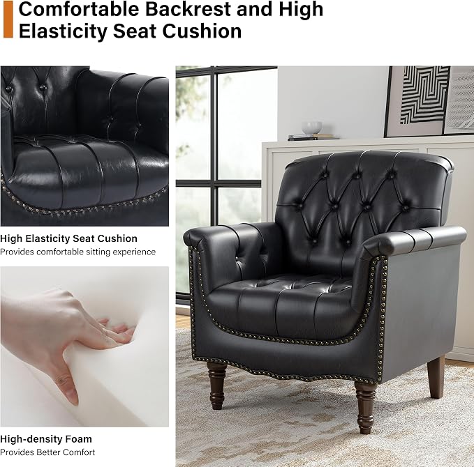 Faux Leather Club Chair, Retro Upholstered Armchair Accent Chair with Solid Wood Legs & Nailhead Trim for Living Room, Bedroom, Reading Room, Blue Black