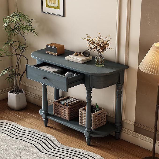 SOFTSEA Farmhouse Curved Console Table with Storage Drawer and Open Shelf, Rustic Curved Entryway Table for Living Room Hallway, 36 inch Conosle Table, Navy