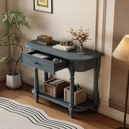 SOFTSEA Farmhouse Curved Console Table with Storage Drawer and Open Shelf, Rustic Curved Entryway Table for Living Room Hallway, 36 inch Conosle Table, Navy
