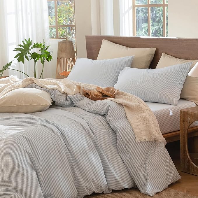 MooMee Striped Duvet Cover Set 100% Washed Cotton Linen Like Textured Breathable Durable Soft Comfy (Cornflower Blue White Pinstripes, Alaska King 132"x120")