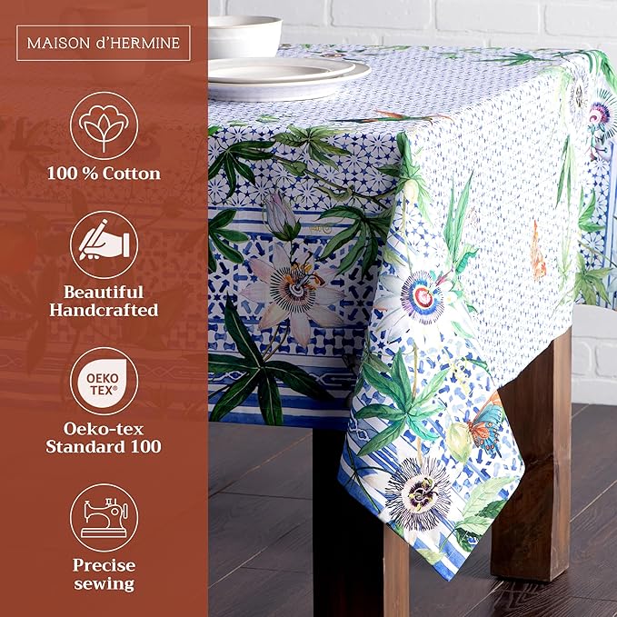 Maison d' Hermine Table Cloth Rectangle Table 100% Cotton 70 x 120 Inches Tablecloth Reusable Decorative for Dining Room Farmhouse Home Valentines Day Decorations Spring Summer - Passiflora