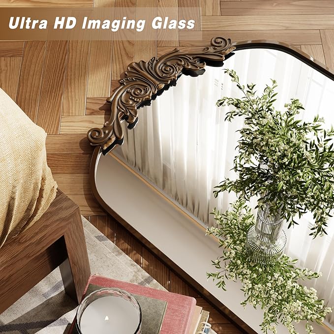 VooBang Vintage Arched Bathroom Mirror, 26x38 Inch Retro Wall Mounted Vanity Mirror with Carved Pattern Top and Metal Frame, Antique Decorative Mirror for Hanging or Leaning