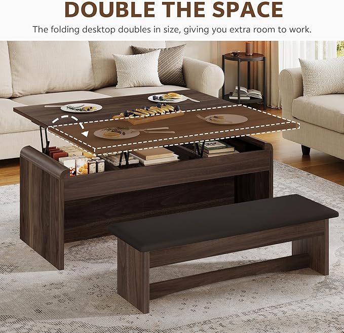 Coffee Table Lift Top, 40'' Multi-Function Coffee Table Set with Bench & Hidden Compartment, Center Table w/Curved Corner, Converts to Home Office Table, Dining Table for Living Room, Walnut