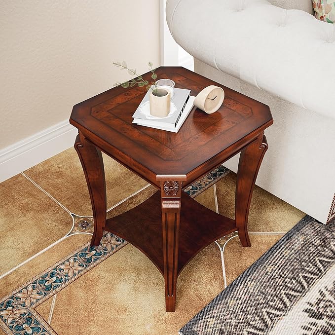 Solid Wood Side Table with Storage Shelf, 2-Tier Square End Tables Living Room, Traditional Style End Table, Vintage Beside Table with Curved Legs and Printed Tabletop, Cherry Walnut Accent Table WD