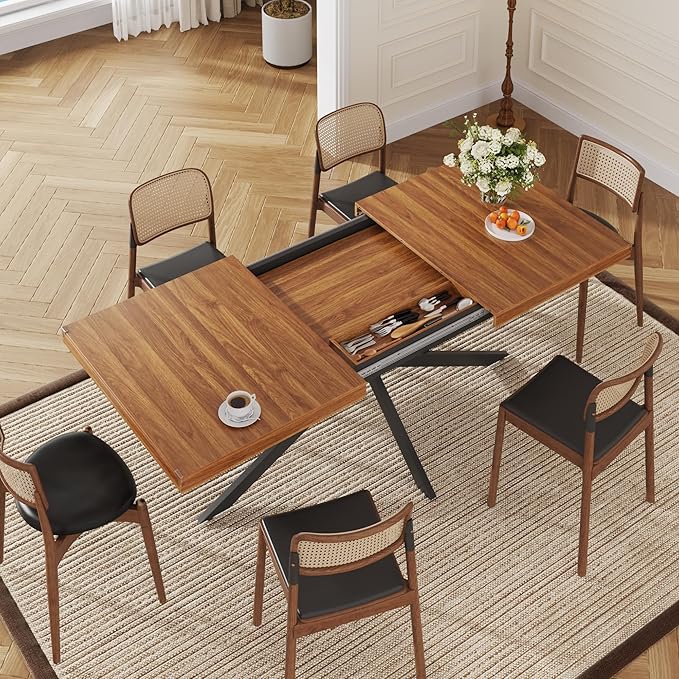 59In-78Inch Extendable Rectangular Dining Table for 6 8 People, Wood Long Dining Room Table W/Removable Leaves,Space Saving,Modern Dinner Table W/Waterproof Tabletop&Metal Legs for Kitchen Living Room