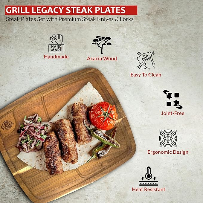 Grill Legacy Wooden Steak Plate Set (2 pack) - Complete Steak Plate for Eating with Premium Steak Knives and Forks - The Ultimate Gift for Steak Lovers.