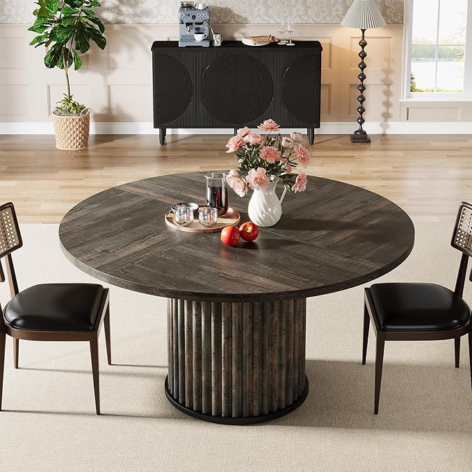Tribesigns 47.24-Inch Round Dining Table for 4-6 People, Modern Fluted MDF + Metal Base Kitchen Table, Sturdy Circle Dining Room Furniture, Black Brown