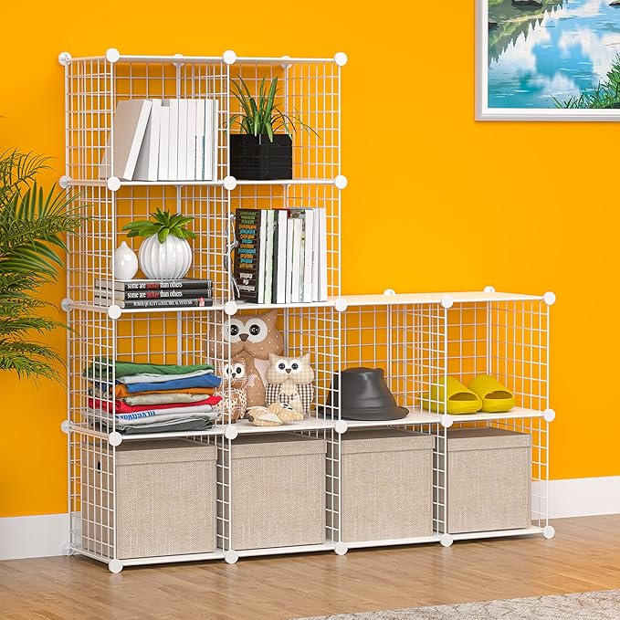 Cube Storage Organizer, Metal 12-Cube Shelves Bookshelf, Portable Closet Clothes Organizer for Bedroom, Home, Office, White