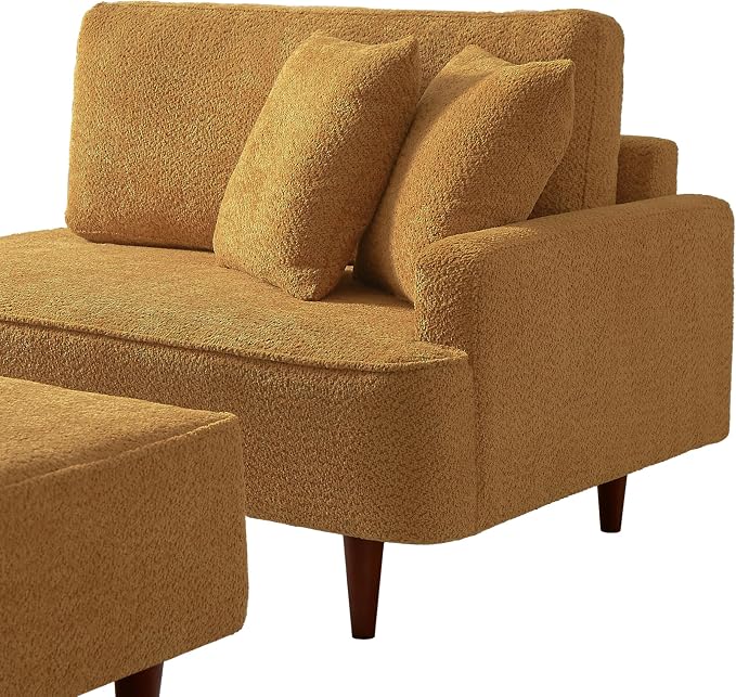 GDFStudio Upholstered Chaise Lounge Chair Indoor with Ottoman, Boucle Fabric Chaise Chair with 2 Throw Pillows and Solid Wood Legs, Recliner Lounge Chair for Office Living Room Bedroom, Orange