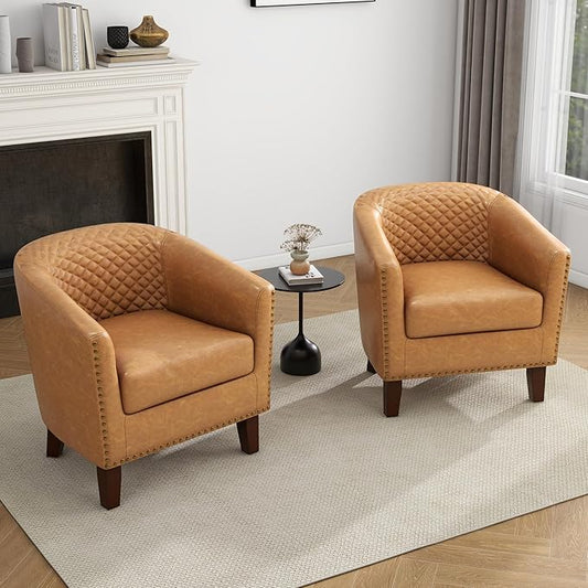 UIXE Faux Leather Accent Chairs Set of 2, Barrel Club Chair Upholstered Armchair for Living Room, Comfy Modern Round Arm Chair Bedroom Side Reading Seat - Coffee Brown