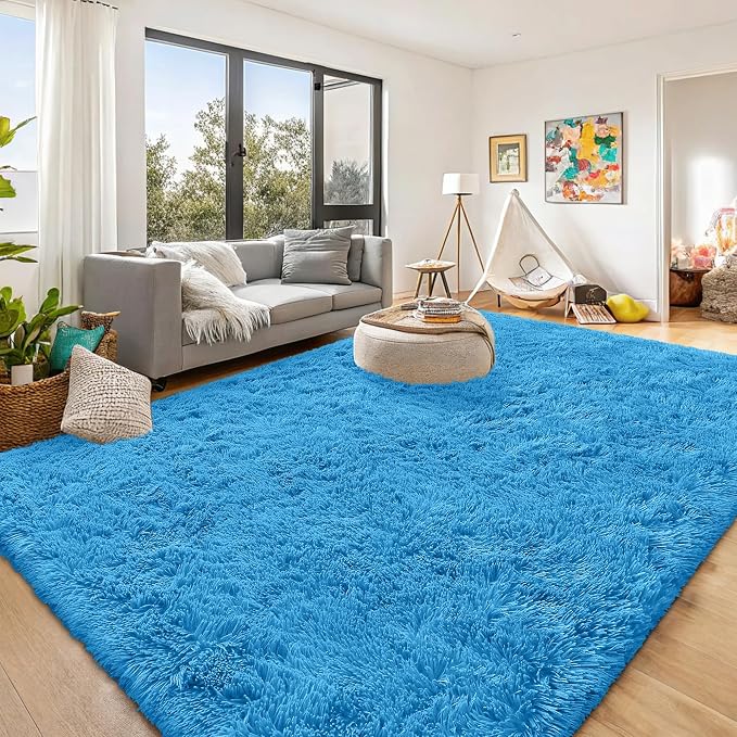 OLANLY 9x12 Machine Washable Large Area Rugs for Living Room, Bedroom, Soft Fluffy Shaggy Bedside Rug, Indoor Floor Carpet for Kids Girls and Boys, Dorms, Nursery, Home Decor Aesthetic, Bright Blue