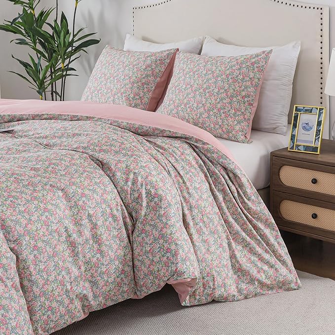 HoneiLife Floral Duvet Cover Queen - 100% Cotton Comforter Cover, Soft & Breathable Bedding Duvet Cover Sets with Zipper Closure & Corner Ties, 3-Piece Wildflower Comforter Cover Sets, Rose