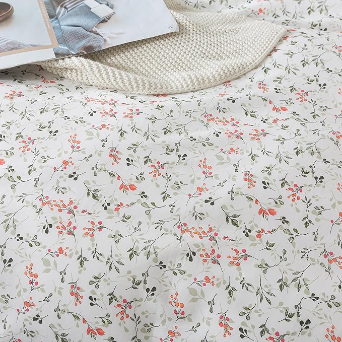 HoneiLife Duvet Cover Queen Size - Cotton Comforter Cover Floral Duvet Cover Sets 3-PC, Soft & Breathable Duvet Cover with Zipper Closure & Corner Ties, Wildflower Comforter Cover Sets, Red Bean