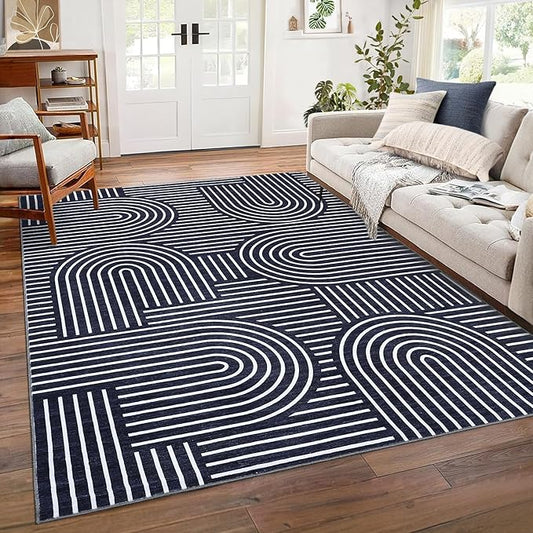Washable Rug 8x10 Area Rugs for Living Room, Abstract Rug for Bedroom, Soft Rainbow Non Slip Throw Rugs with Rubber Back, Low Pile Stain Resistant Boho Geometric Carpet for Dining Room, Blue