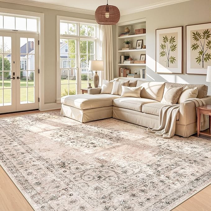 Area Rug 9x12 Vintage Rug: Large Washable Indoor Medallion Rugs Low Pile Distressed Floor Carpet Retro Accent Rug for Living Room Bedroom Kitchen Dining Table Home Office(Distressed Brown, 9'x12')
