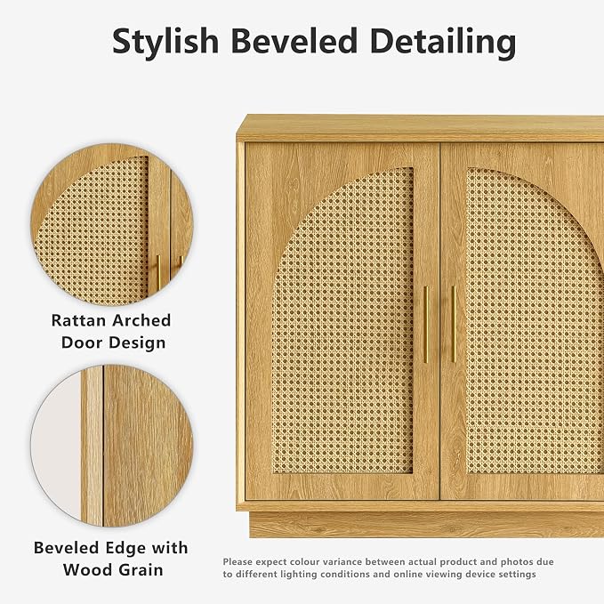 FORTUNETEC Sideboard Buffet Cabinet with Storage, 31.5" Modern Accent Cabinet with Rattan Arched Doors, Modular Media Console, Boho Credenza for Living Room Kitchen Dining Room Entryway, Oak