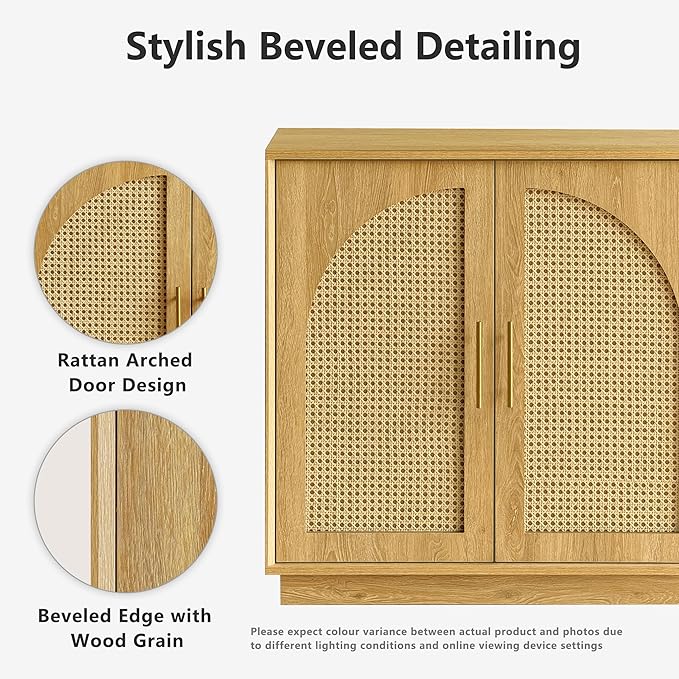 FORTUNETEC Sideboard Buffet Cabinet with Storage Set of 2, Modern Accent Cabinet with Rattan Arched Doors, Modular Media Console, Boho Credenza for Living Room Kitchen Dining Room Entryway, Oak