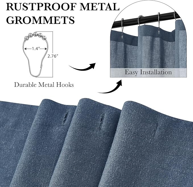KGORGE Linen Fabric Shower Curtain Sets for Bathroom-Button Hole Waterproof Lightweight Washable Privacy Shower Curtains for Bathtub with 12 Metal Hooks, W72 x L84 inches, Navy Blue, 1 Panel