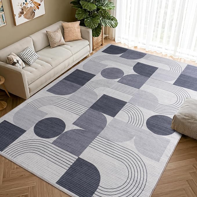 Large Machine Washable 4x6 Area Rug, Soft Modern Geometric Abstract Grey Rugs for Bedroom Living Room, Non-Shedding Faux Wool Indoor Throw Floor Carpet for Office Entryway Dining Room Decor