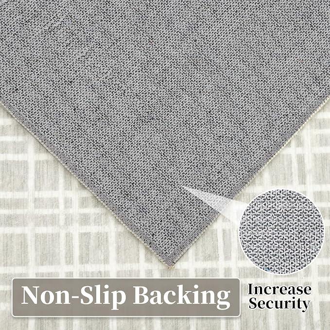 Living Room Rug 4x6 Washable Modern Bedroom Rug Aesthetic Farmhouse Grid RugsNon Slip Accent Rugs with Rubber Backing Soft Low Pile Stain Resistant Carpet for Office 4'x6' Light Grey