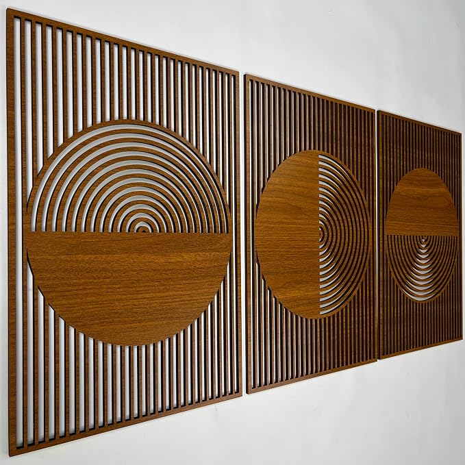 Mid Century Modern Geometric Wood Wall Art Set, Scandinavian Circle Wooden Wall Decor, Oversized Art Deco Wall Hanging, First Home Gift for Living Room and Bedroom