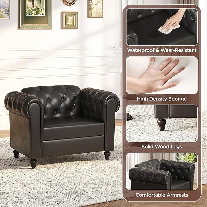 Black Faux Leather Accent Chairs, Button-Tufted Upholstered Club Chair Retro Armchairs, Mid Century Modern Accent Chair with Solid Wood Legs, Cozy Chesterfield Couch Chairs for Living Room, Bedroom