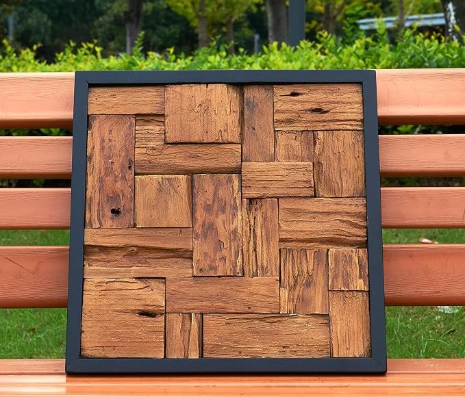 Greenage Reclaimed Teak Wood Wall Decor 17"x17" Farmhouse Square Wall Art Rustic Wooden Wall Hanging Decoration Rectangular Geometric Framed Wall Panel Shape for Home Living Room Bedroom