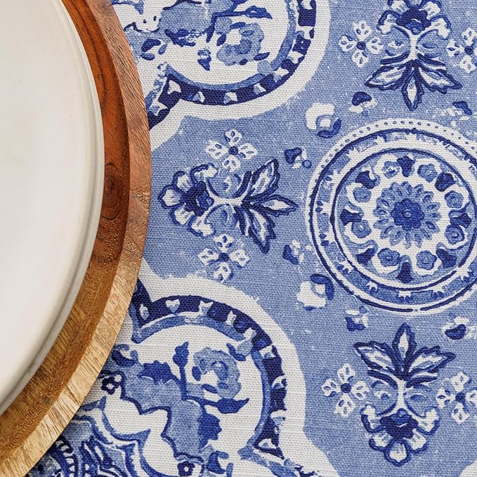 Maison d' Hermine Table Cloth Round Table 100% Cotton 63 Round Inches Tablecloth Reusable Decorative for Dining Room Farmhouse Home Valentines Day Decorations Spring Summer - Melodie Bleue