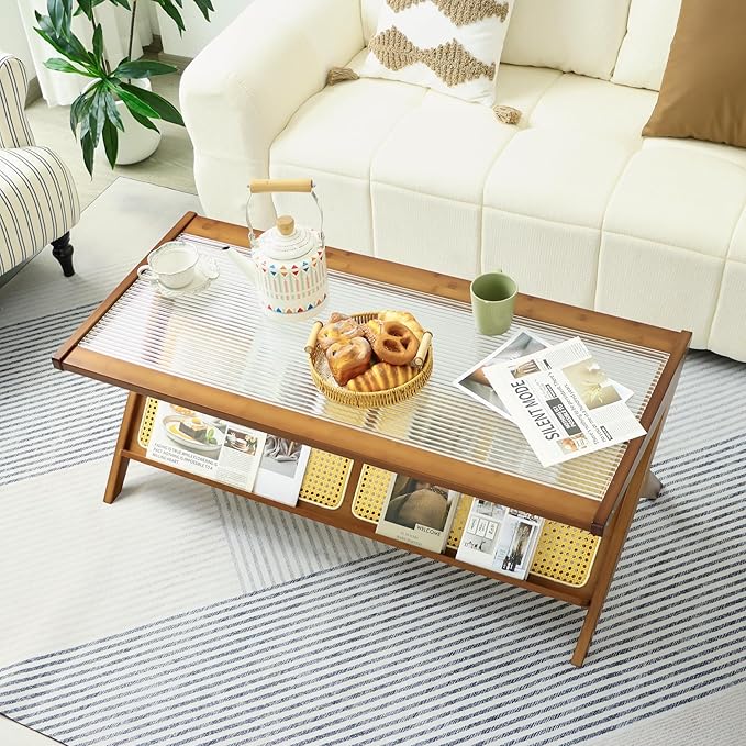 Bamboo Coffee Table, Accent Rattan Coffee Table with Glass Top, Mid-Century Wooden Center Tables, Modern Sofa Side Tea Tables with Storage for Living Room, Walnut