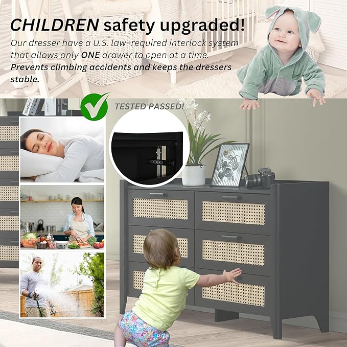 ELISA HOME Rattan-Inspired 6 Drawer Dresser for Bedroom, 47.2″ W Modern Wide Chest of Drawers, Wood Storage Organizer for Clothes, Entryway, Hallway, Nursery or Living Room, Black