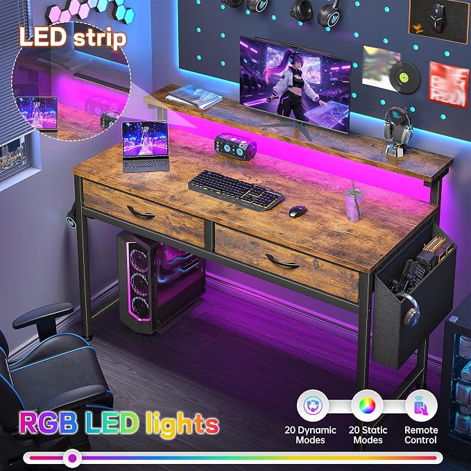 Gaming Desk with LED Lights & 2 Fabric Drawers, 39.4Inch Home Office Computer Desk with Side Pocket & Ergonomic Monitor Stand, Small Space Study Writing Table with Anti-Tip Design, Rustic Brown