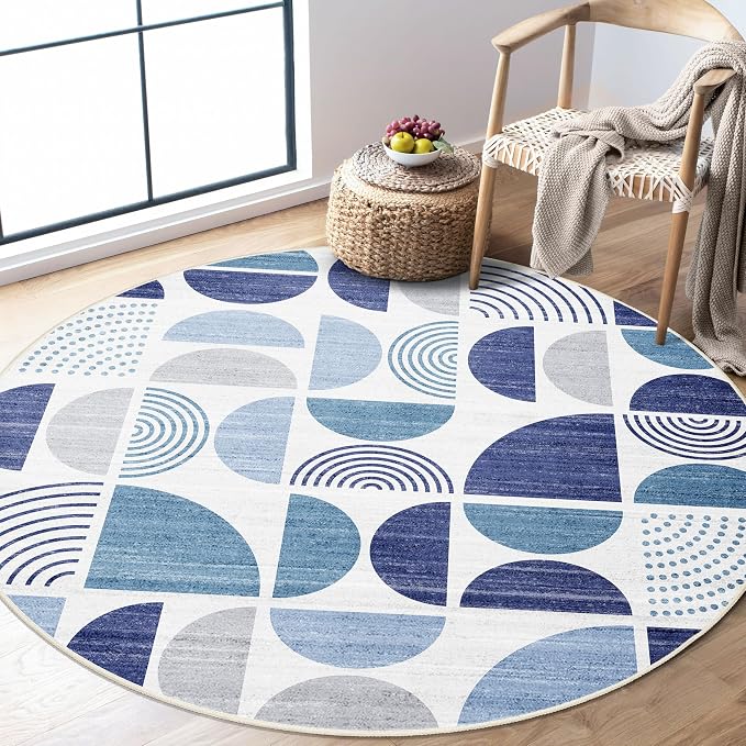 MUJOO Round Rugs 5ft,Circle Area Rug Washable,Circular Rugs for Living Room Dining Room,Boho Non Slip Throw Floor Carpet Modern Abstract Navy Blue