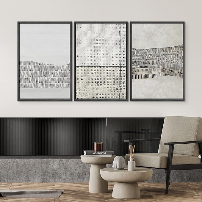 SIGNWIN Framed Canvas Print Wall Art Set Grunge Black Tan Line Art Landscape Abstract Shapes Cozy Neutral Modern Art Decorative Contemporary Minimal for Living Room, Bedroom, Office - 16"x24"x3 Black