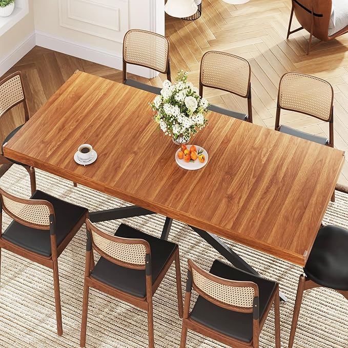 59In-78Inch Extendable Rectangular Dining Table for 6 8 People, Wood Long Dining Room Table W/Removable Leaves,Space Saving,Modern Dinner Table W/Waterproof Tabletop&Metal Legs for Kitchen Living Room