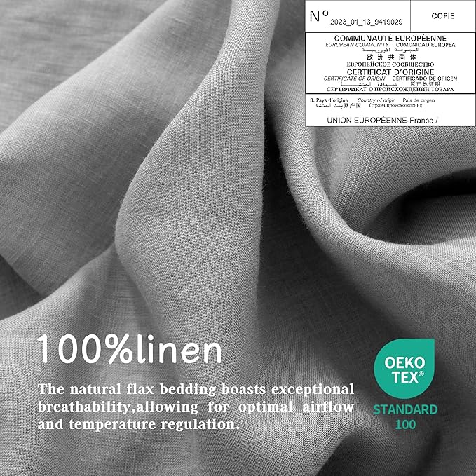 EVERLY Linen Sheets Set Full Size,100% French Stonewash Pure Linen Bed Sheets,4Pieces (1Flat Sheet,1Fitted Sheet,2Pillowcase) Suitable for Hot Sleepers,Deep Pocket Natural Bedding Set-Light Grey