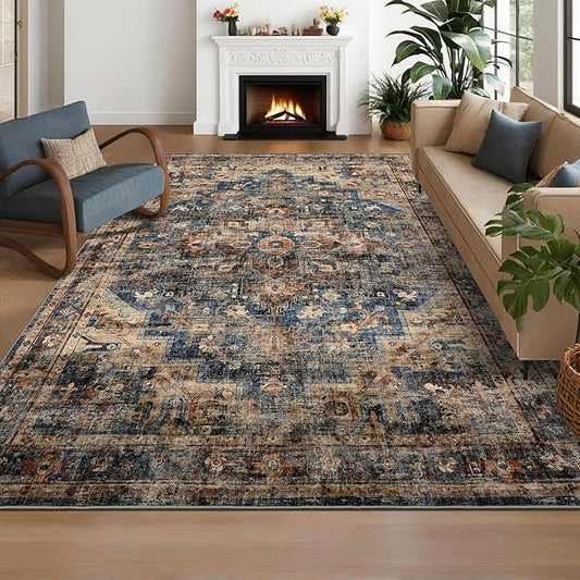 Washable 5x7 Small Area Rug Boho Vintage Medal Print Carpet Non Slip Office Rugs Low Pile Soft Bedroom Carpet Non Shedding Kids Nursery Floor Mats for Kitchen Dining Living Room Blue Brown