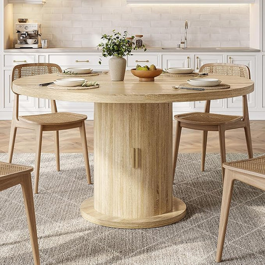 Round Dining Table for 4-6, 43.3" Modern Farmhouse Kitchen Table with Hidden Storage & Tambour Door, Japandi Style Wood Pedestal Circle Table for Small Spaces, Apartment, Dining Room, Classic Oak