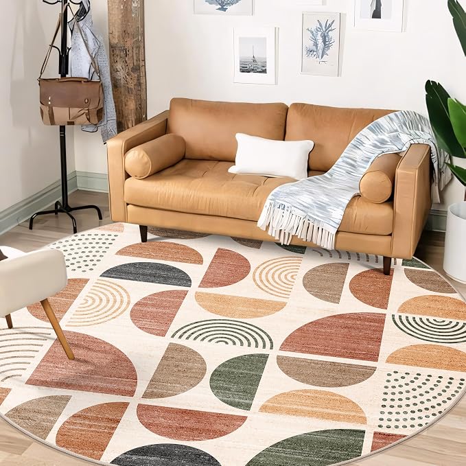 MUJOO Round Rugs 6ft,Circle Area Rug Washable,Circular Rugs for Living Room Dining Room,Large Boho Non Slip Throw Floor Carpet Modern Abstract Bohemian Terracotta